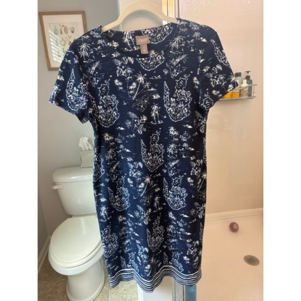 Chicos Navy Blue White Tropical Island Toile‎ Knit Shift Dress Size 0 Small